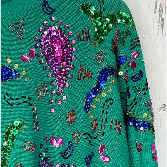 NEW Diana Marco Women's Plus Size Sequin Beaded Sweater Green Purple Size 24 - Picture 3 of 14